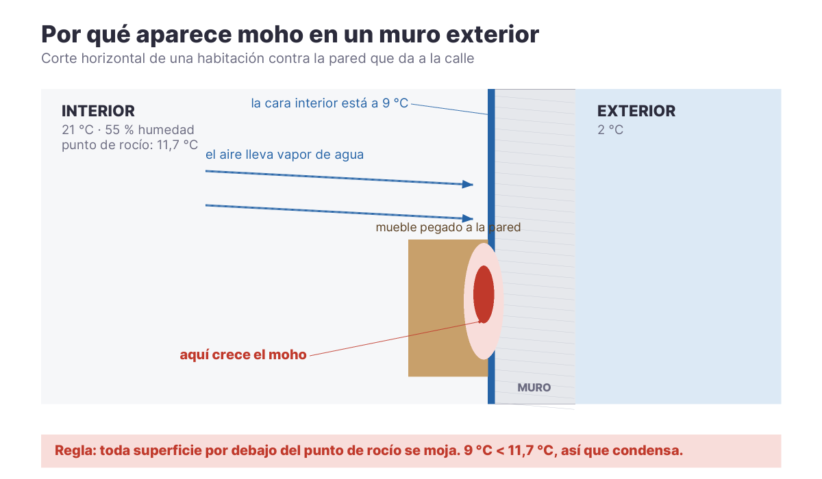 Corte de una habitación: el aire húmedo del interior condensa en la cara fría del muro exterior