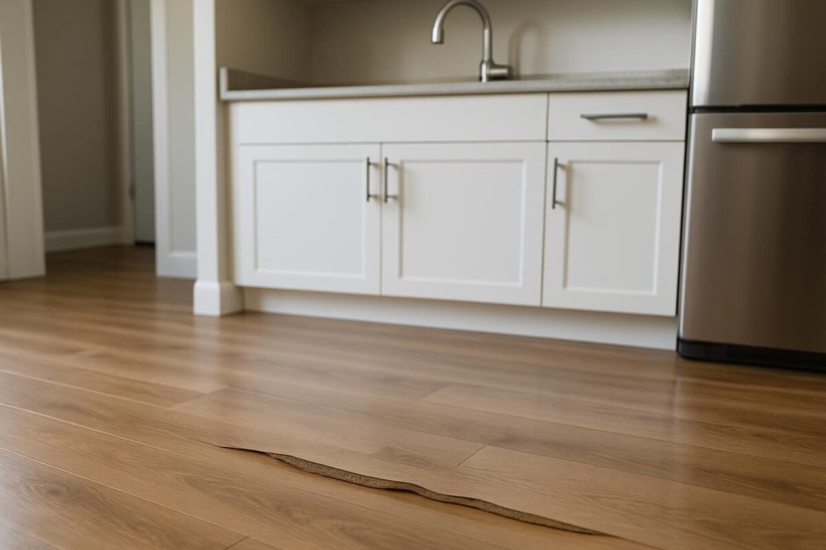 Piso laminado con bordes ligeramente hinchados cerca del fregadero en cocina moderna