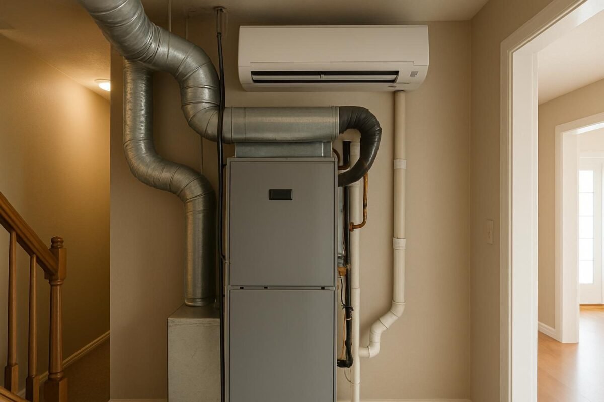Unidad de aire acondicionado interior con tuberías y rejillas visibles en una casa