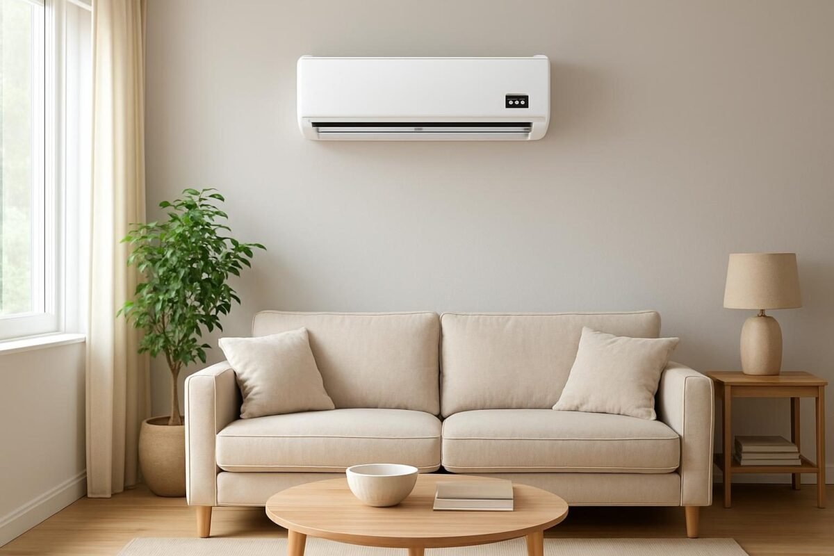 Sala moderna con aire acondicionado y termostato en la pared