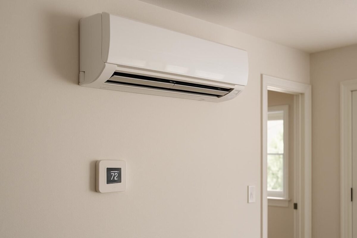 Unidad de aire acondicionado y termostato en interior de casa, limpios y en buen estado