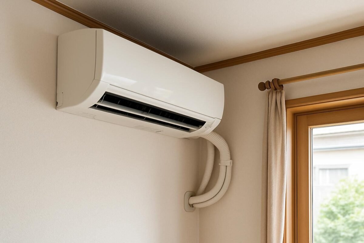 Unidad de aire acondicionado con tuberías de drenaje visibles en interior de casa