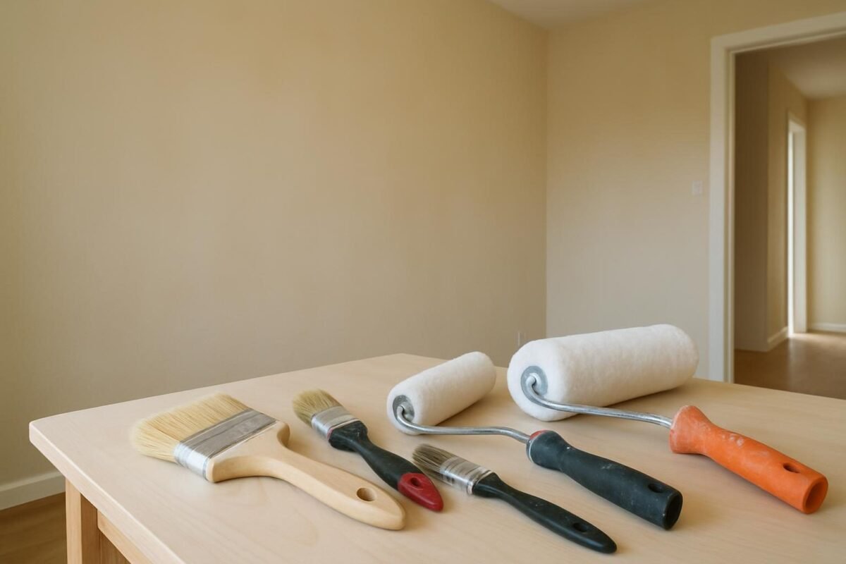 Brochas y rodillos sobre mesa junto a paredes recién pintadas en interior de casa