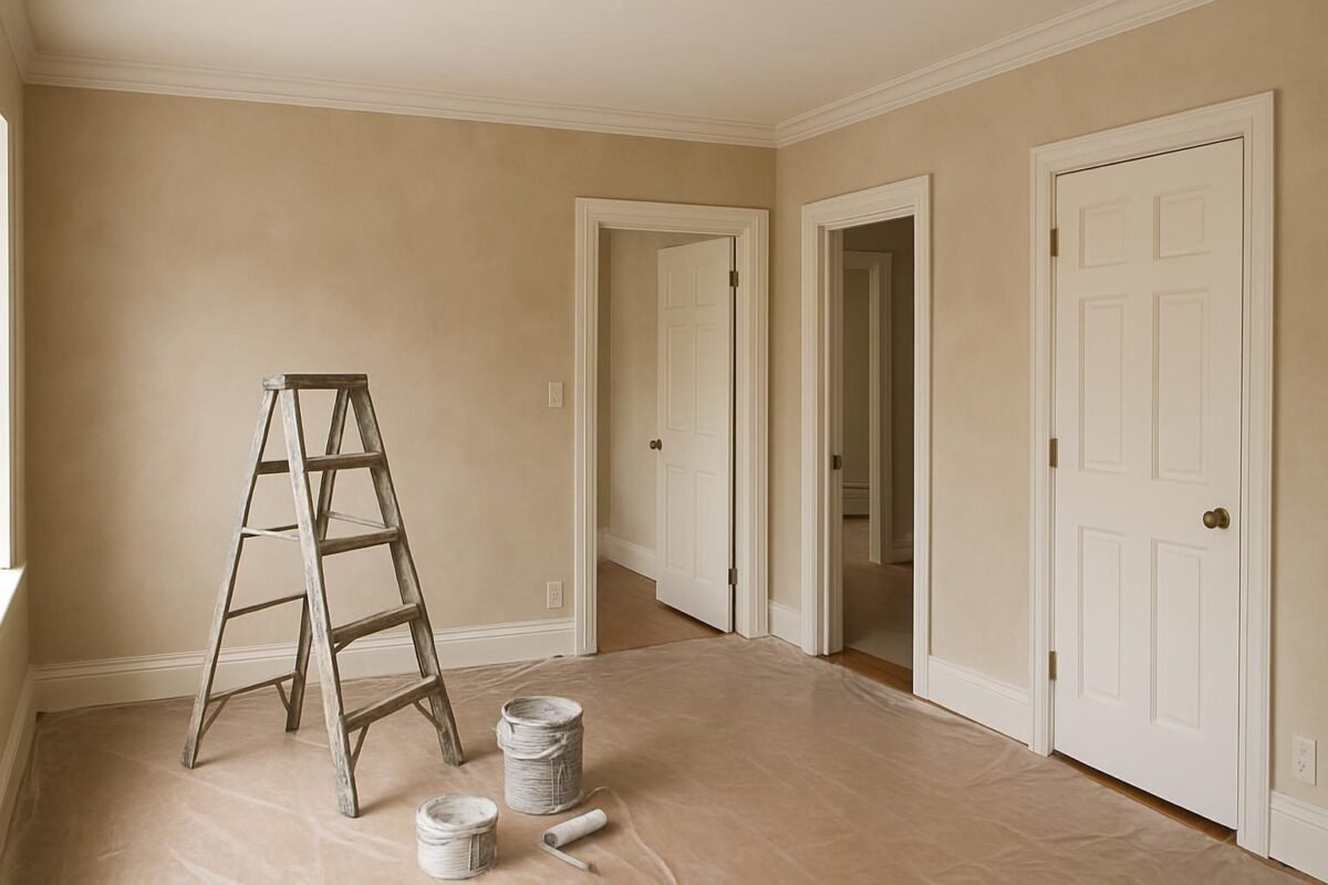 Interior de casa con paredes, techo y molduras listos para pintar