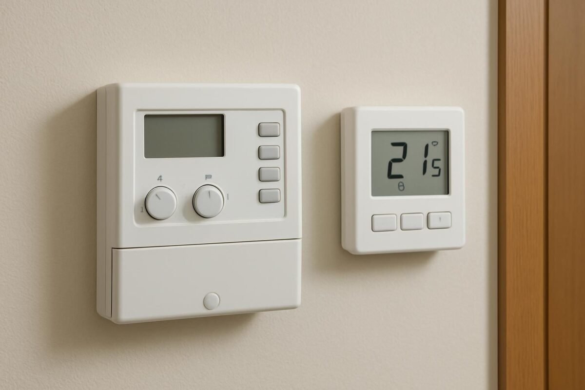 Panel de control y termostato de calefacción en el interior de una casa