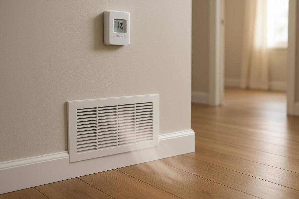 Interior de casa con ventilación de calefacción y termostato en la pared