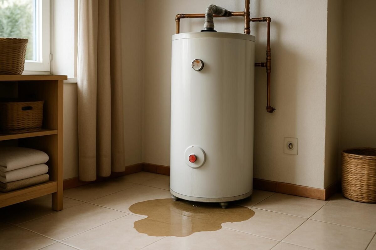 calentador de agua con charco de agua en el suelo en interior de casa
