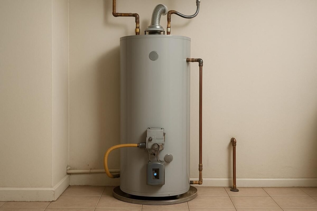 Calentador de agua a gas instalado en una pared interior con conexiones visibles y ventana del pi...