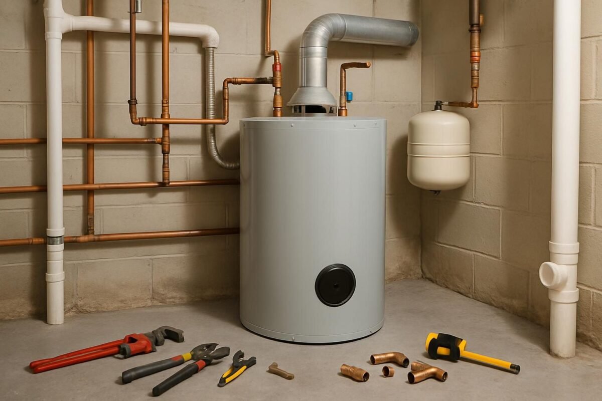 Calentador de agua instalado en una sala de servicios con tuberías y herramientas