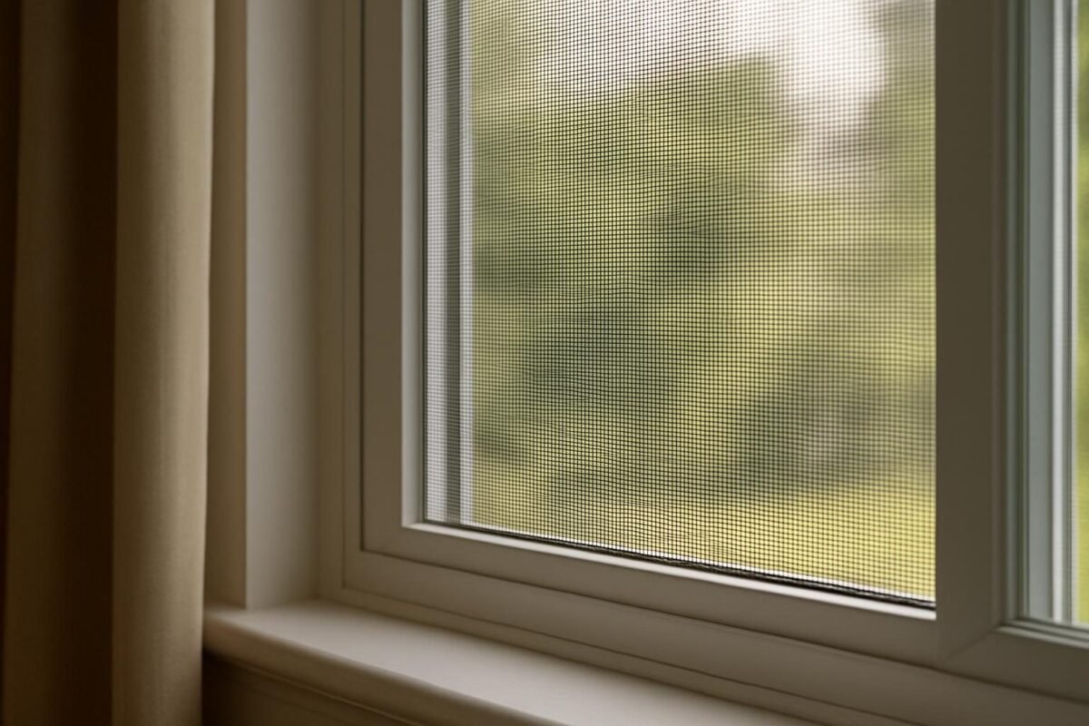 Ventana con mosquitero recién instalado y marco limpio en interior de casa