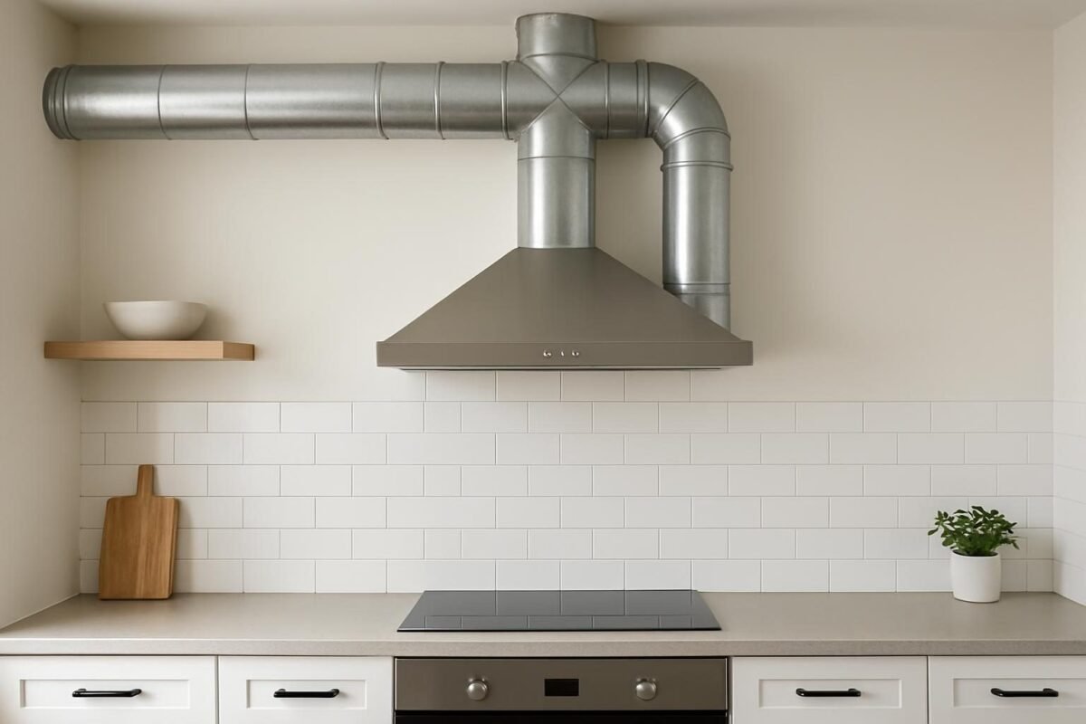 Campana de cocina moderna con ducto visible en el techo de una cocina limpia