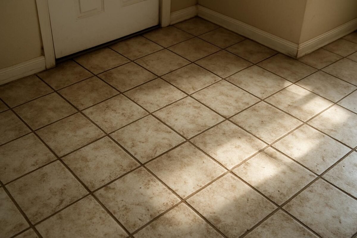 Piso de baldosa percudido, con la lechada oscurecida y la luz rasante marcando la suciedad