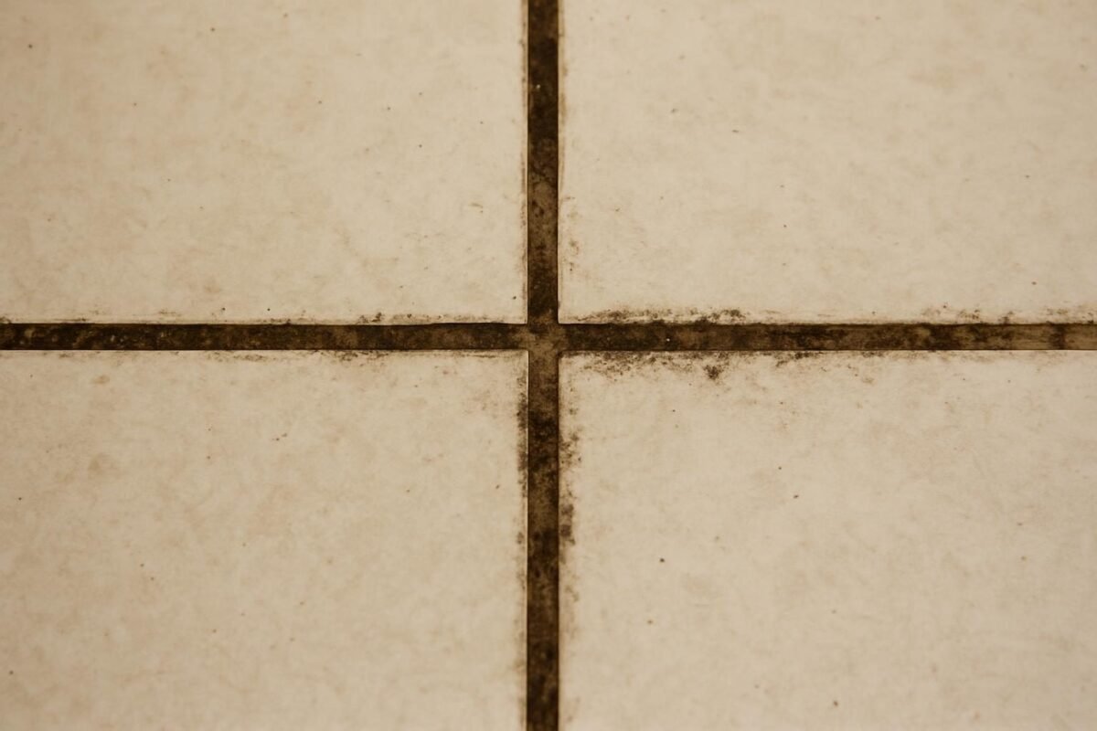 Primer plano de las juntas ennegrecidas entre baldosas claras