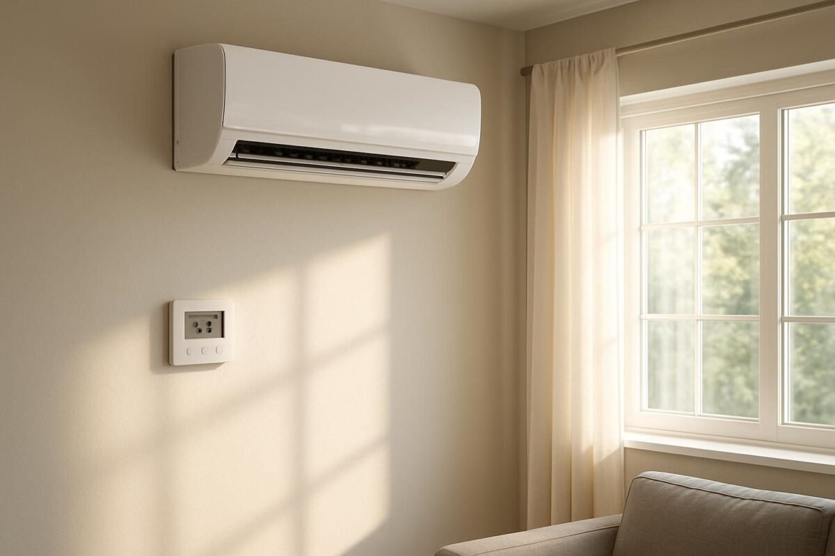 Interior de casa con aire acondicionado montado en la pared y termostato visible