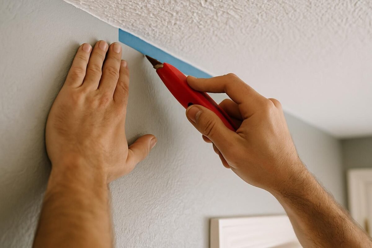 Unas manos cortando con una cuchilla la cinta azul pegada en la union entre la pared y el techo