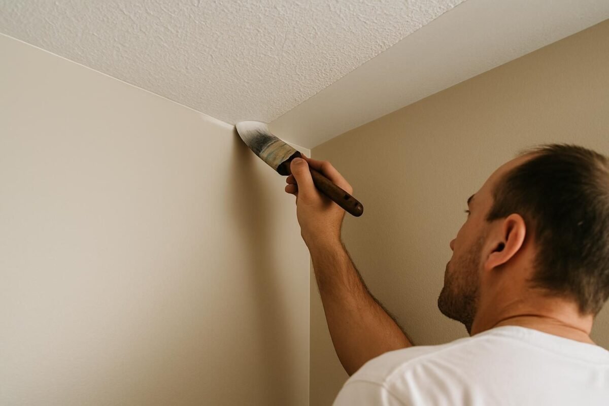 Detalle de pintura limpia entre techo y pared en interior de casa