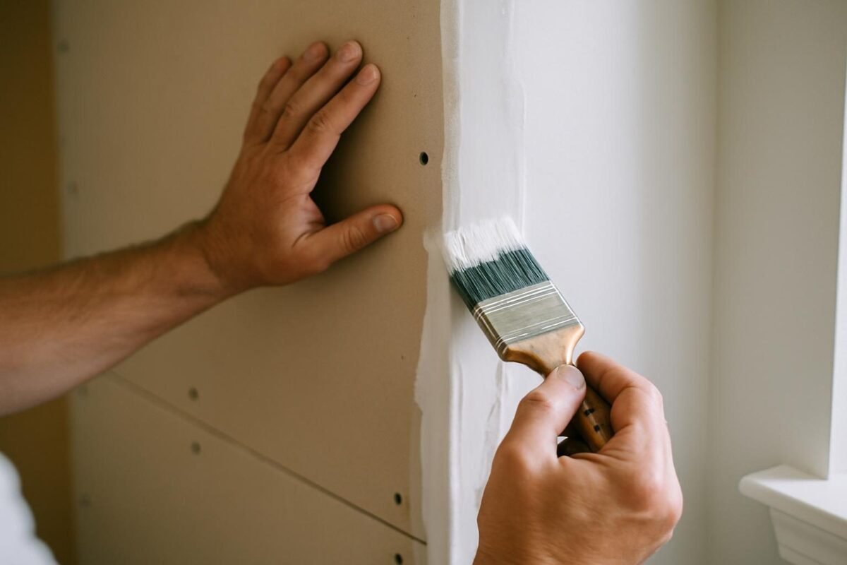 Una brocha aplicando la primera mano sobre una junta de drywall sin pintar