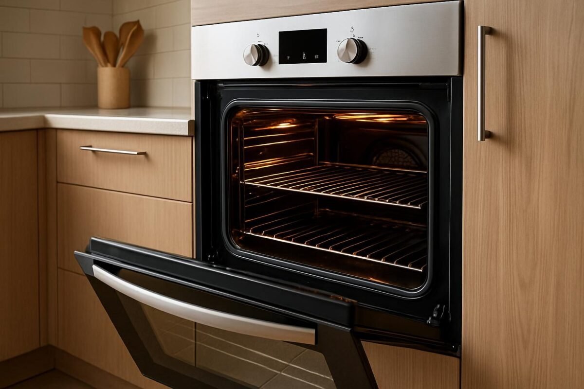 Interior de cocina moderna con horno abierto mostrando las parrillas y resistencias