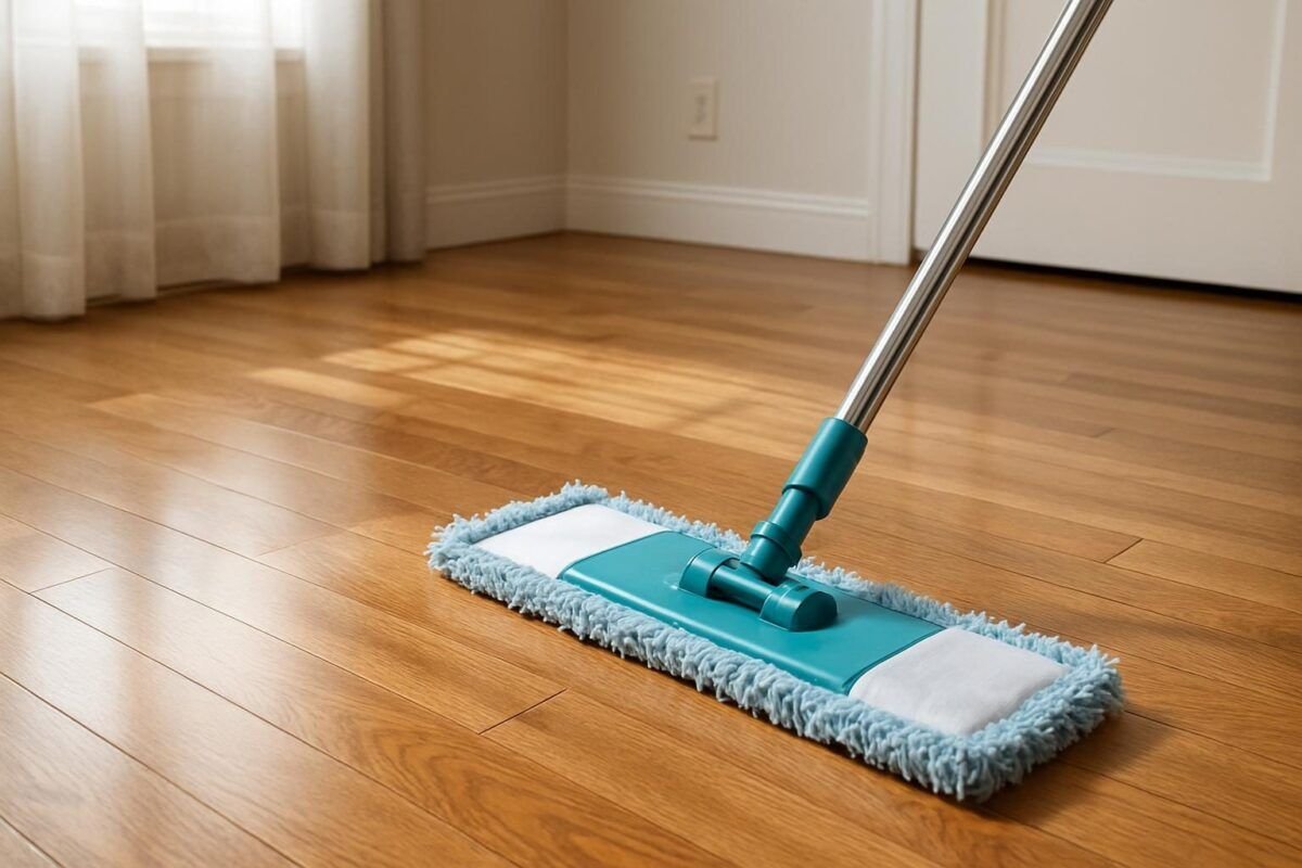 Piso de madera barnizada limpio con una mopa de microfibra en un interior hogareño
