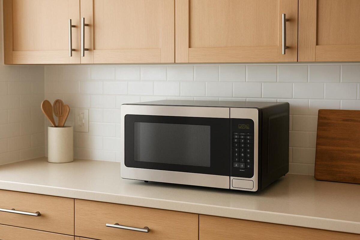 Microondas moderno sobre una encimera en una cocina interior