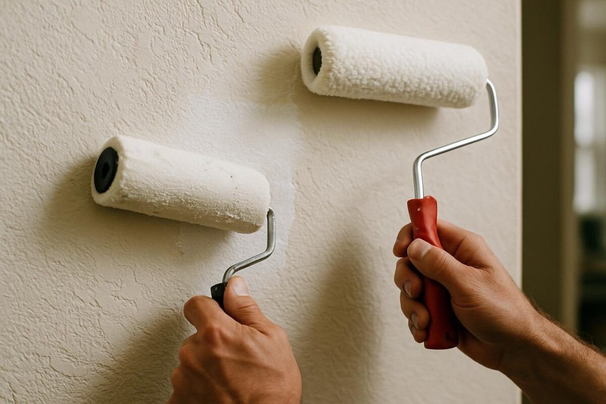 Dos rodillos de pelo largo apoyados en una pared texturizada, uno ya con pintura