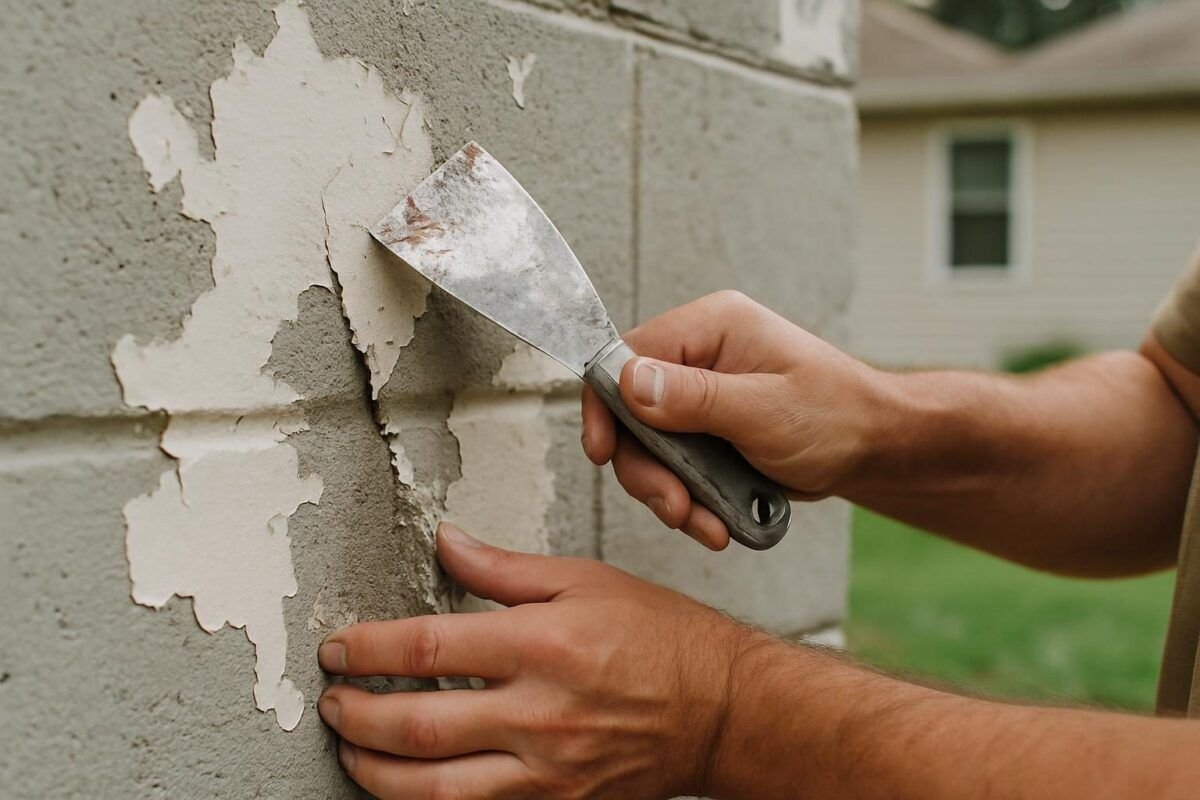 Una espatula levantando la pintura descascarada de un muro de block en el exterior de una casa