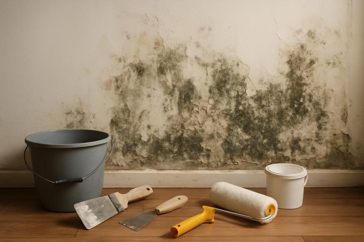 pared interior con daño por humedad y herramientas para reparación y pintura