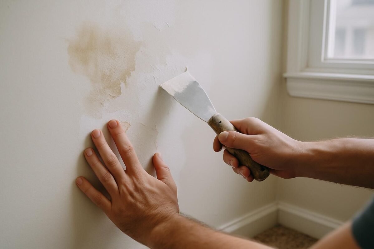 Una espatula raspando la pintura reblandecida alrededor de una mancha de humedad en la pared