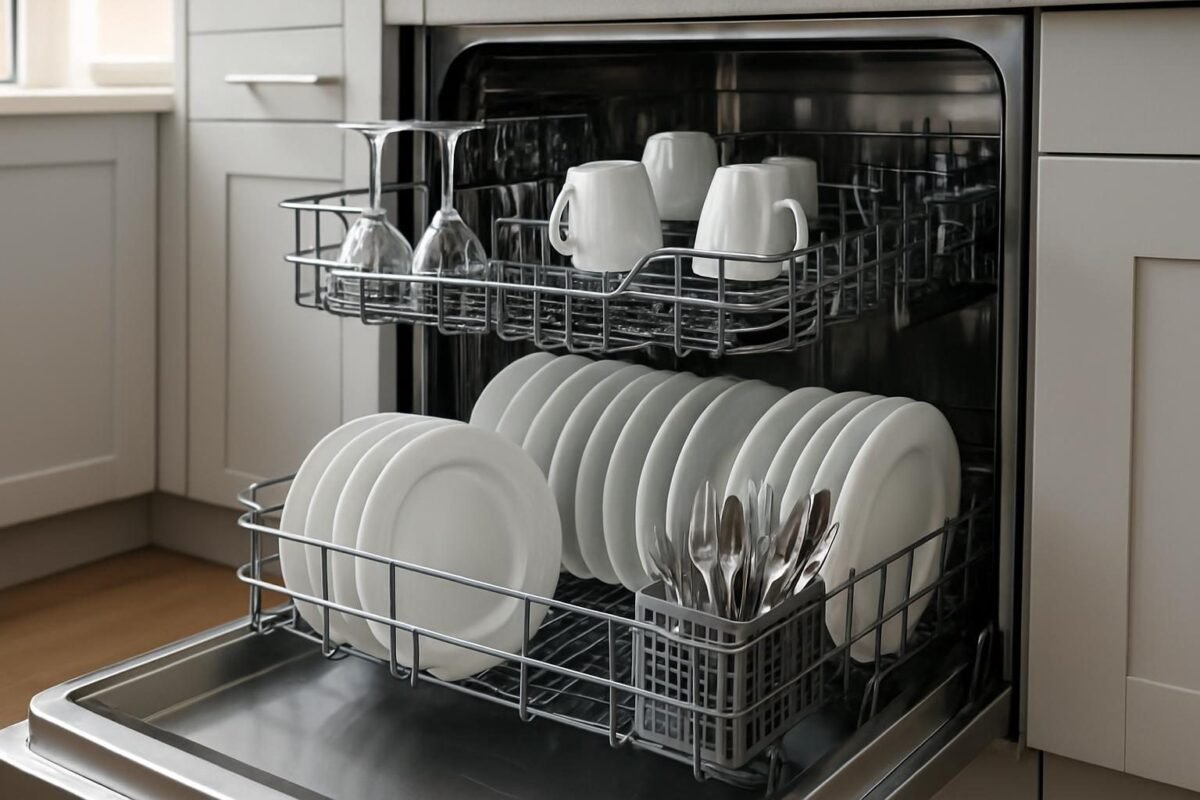 Interior de lavavajillas con platos y vasos bien organizados y sin sobrecarga