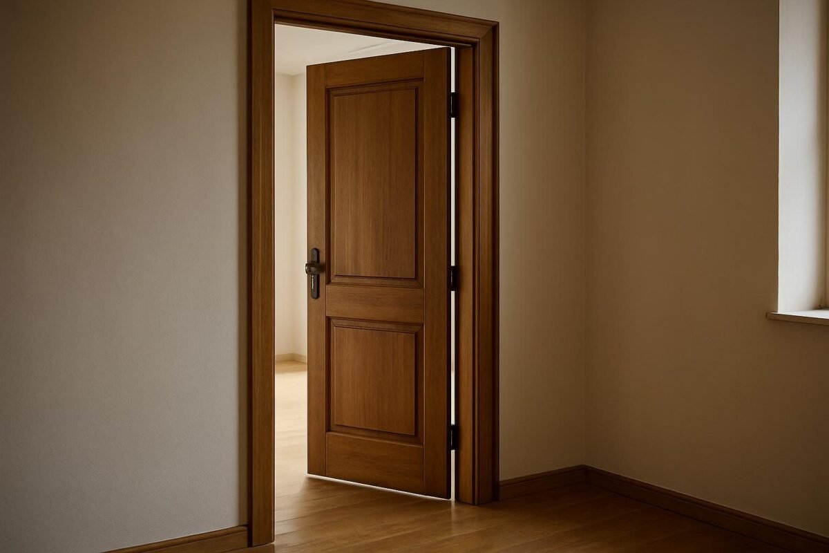Puerta de madera entreabierta con marco visible en interior de casa
