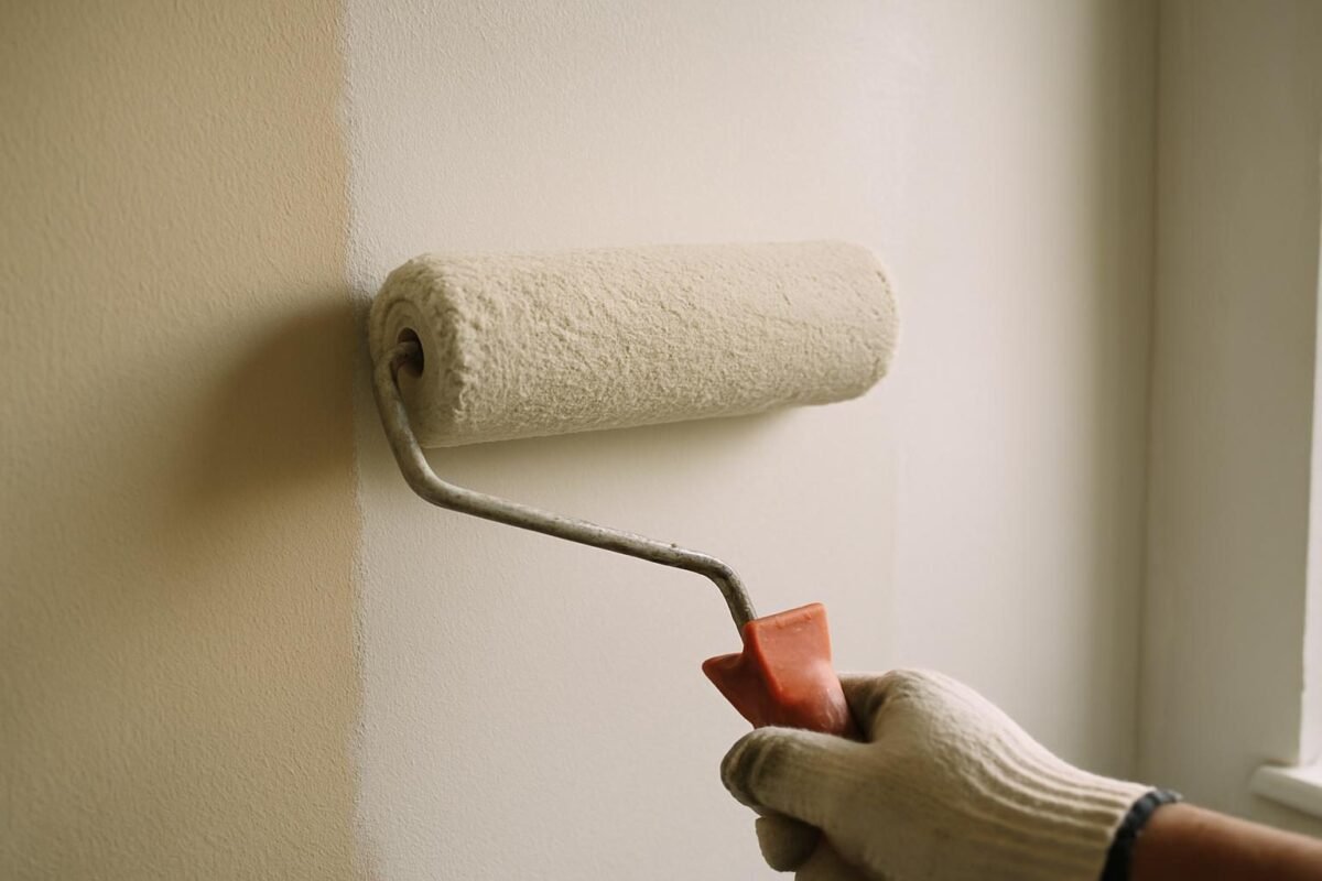 pared interior de casa siendo pintada con rodillo, detalle de la aplicación uniforme de pintura