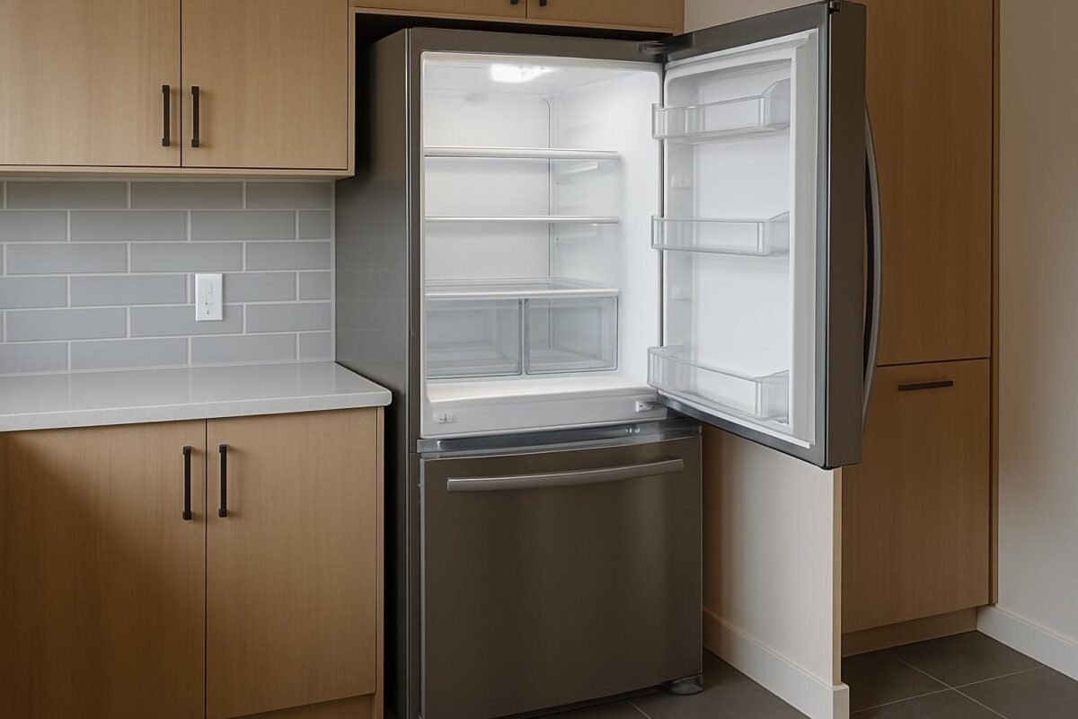Interior de cocina con refrigerador abierto mostrando congelador y refrigerador