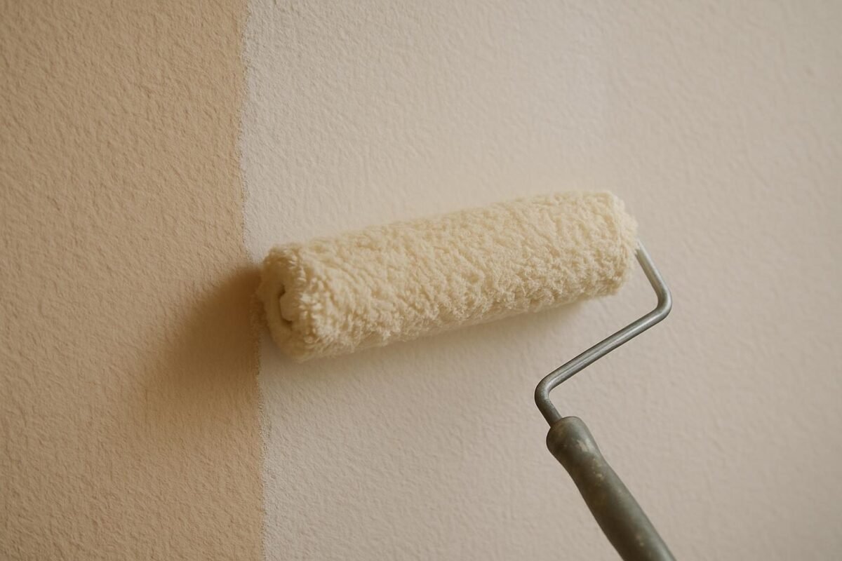 pared interior texturizada siendo pintada con rodillo de pelo largo