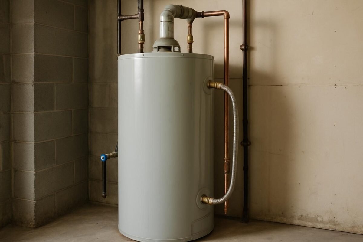 Calentador de agua doméstico con tuberías en un sótano o cuarto de servicio