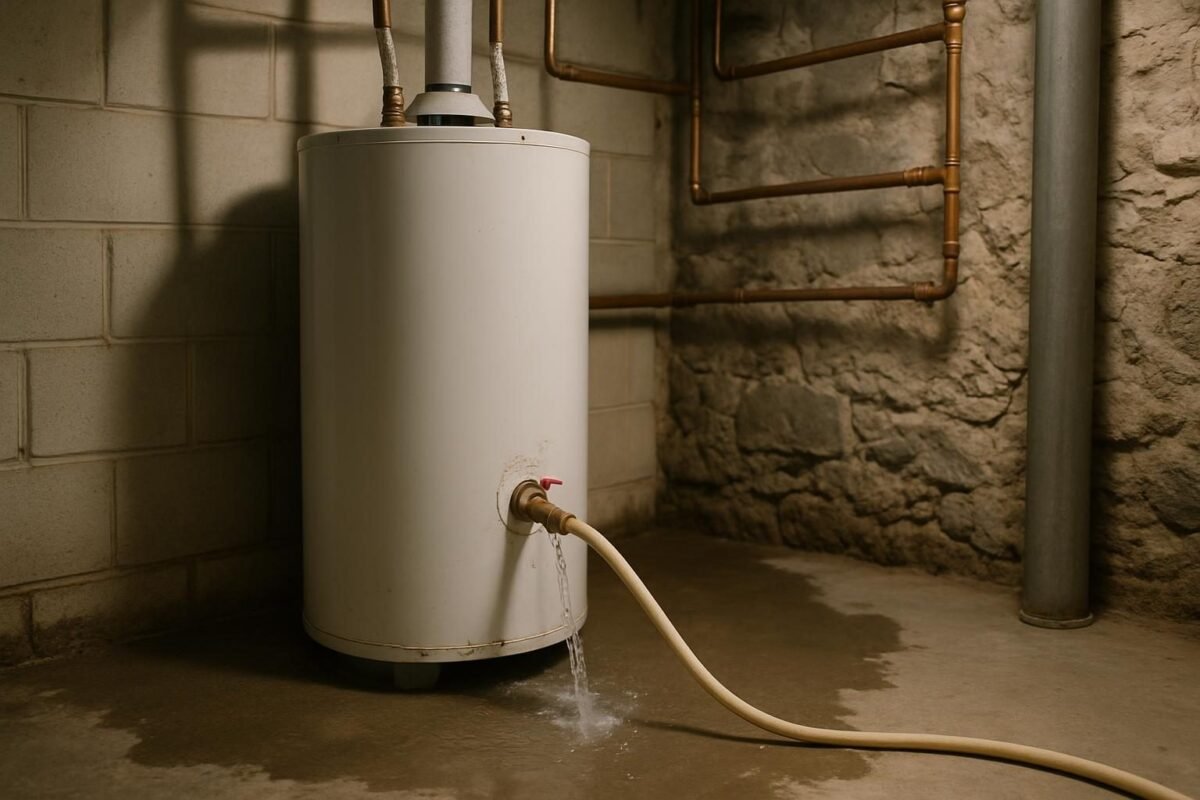 Calentador de agua en sótano con manguera conectada para purgar sedimentos