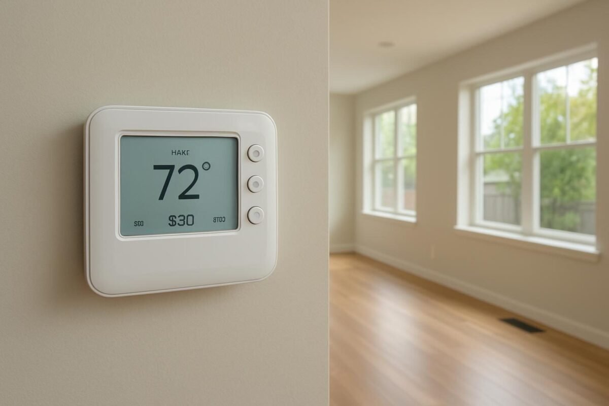 Termostato programable en pared de sala con ventanas y rejillas de calefacción