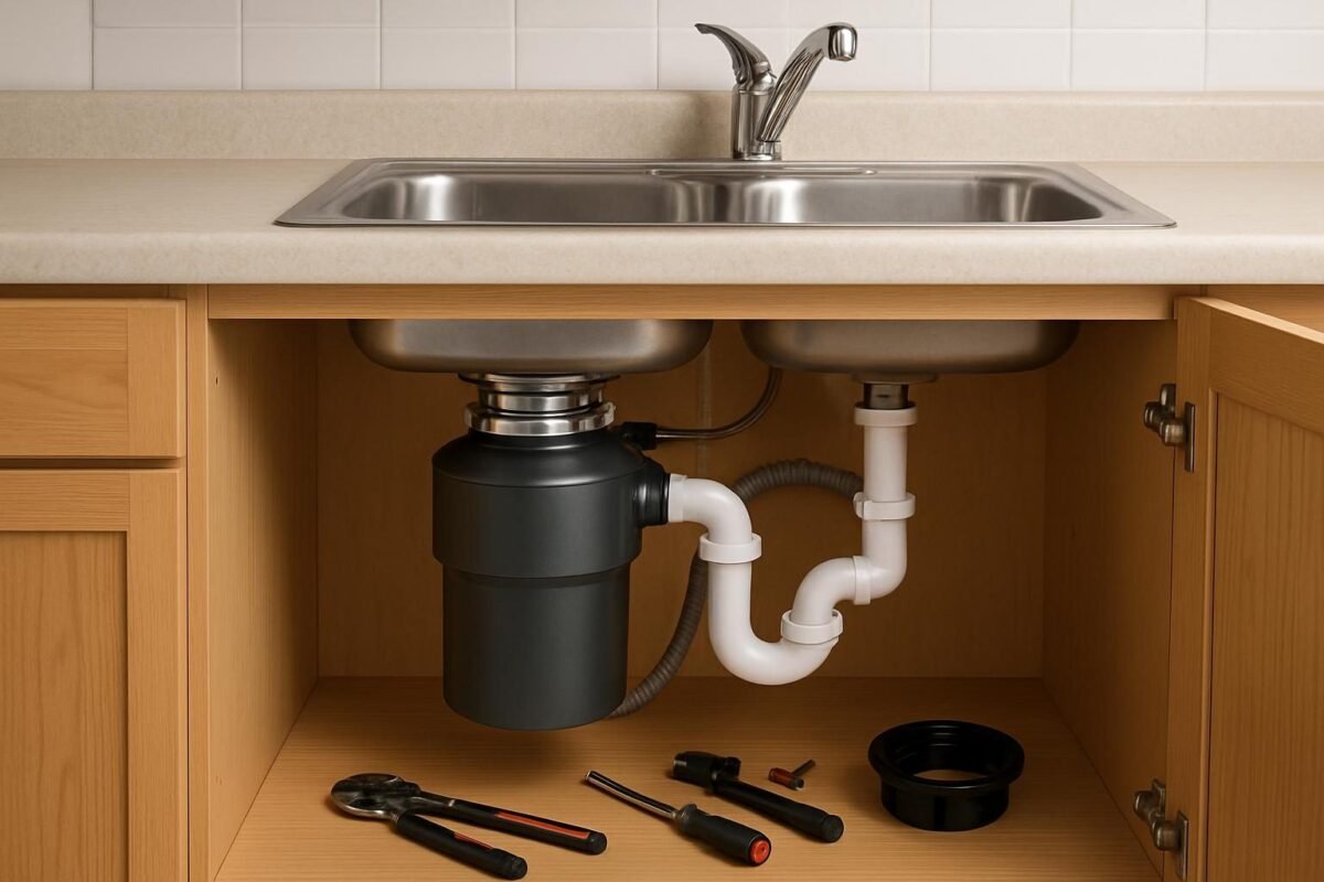 Vista interior de fregadero con triturador de basura y herramientas para mantenimiento