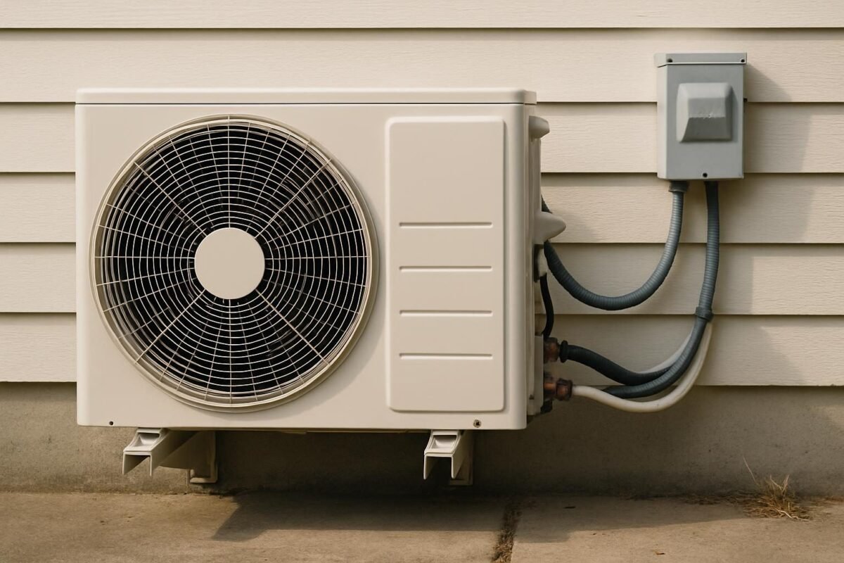 Unidad exterior de aire acondicionado con caja de desconexión eléctrica visible en una pared exte...